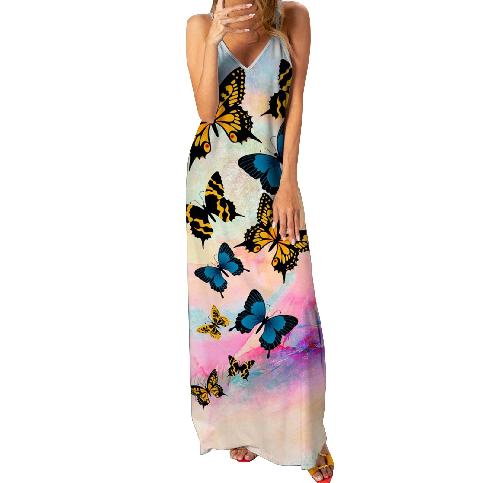 iQKA Women's Summer Casual Dress - Butterfly Print Sleeveless Sexy Sundress, Loose Fit Camisole Dress for Beach, Vacation & Outdoor Activities