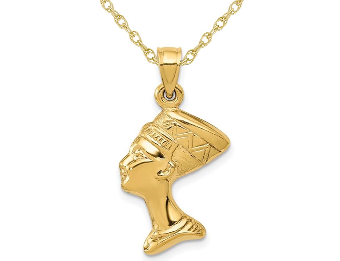 14K Yellow Gold Egyptian Nefertiti Charm Pendant Necklace with Chain - Perfect for Gifts, Weddings & Cultural Jewelry Lovers