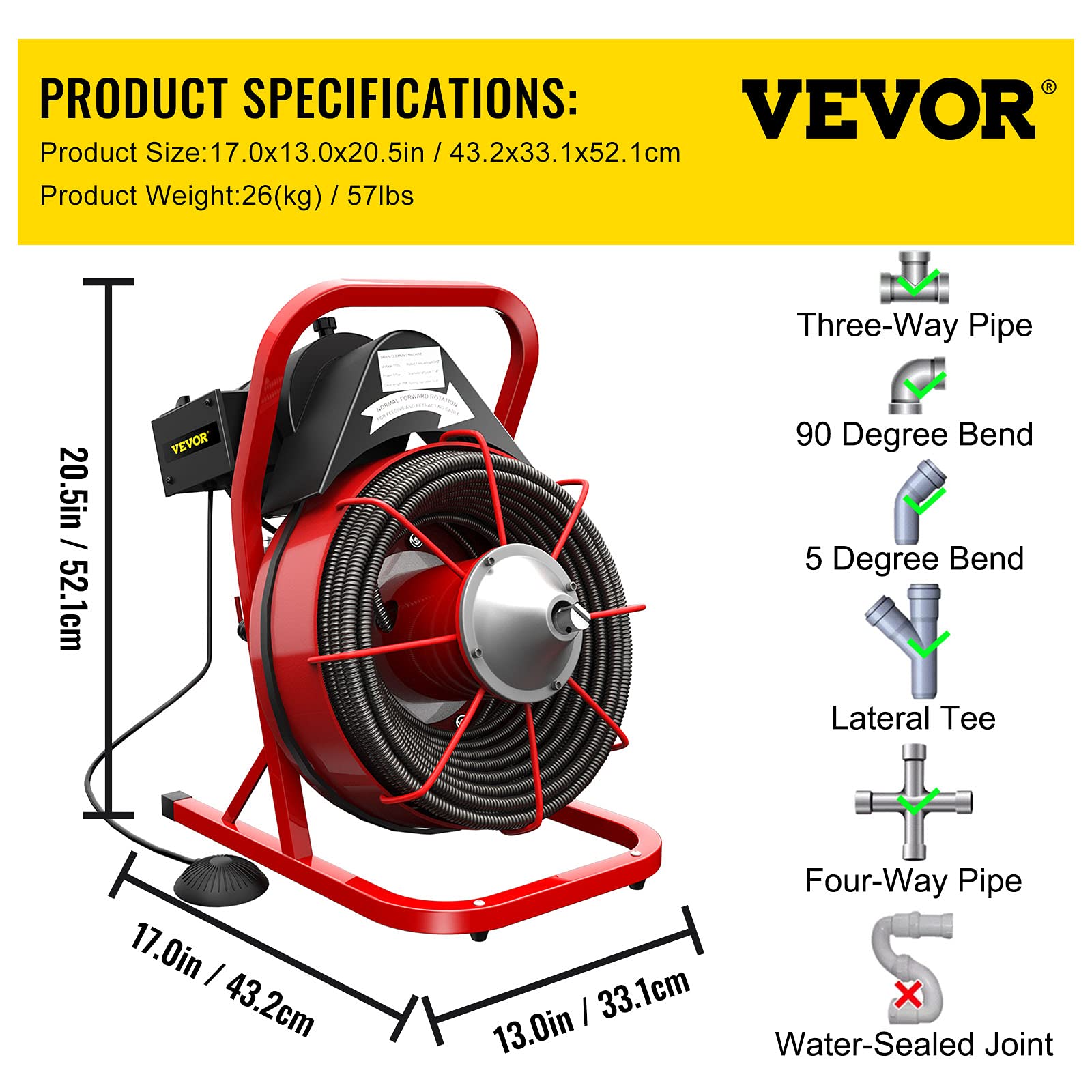 VEVOR Electric Drain Cleaner Machine - 75 Ft x 3/8 Inch Drain Snake for 1-4 Inch Pipes, Portable Plumbing Tool with 4 Cutters | Clog Remover for Kitchen Sink, Shower, Bathtub & Toilet Drain Cleaning
