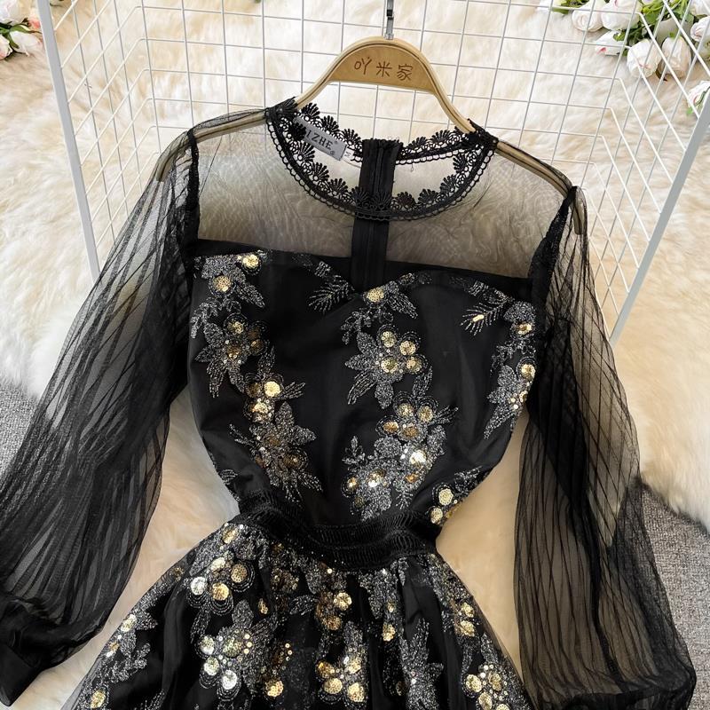Elegant Embroidered Round Neck Mesh A-Line Long Sleeve Tulle Dress - Perfect for Weddings, Parties & Special Occasions