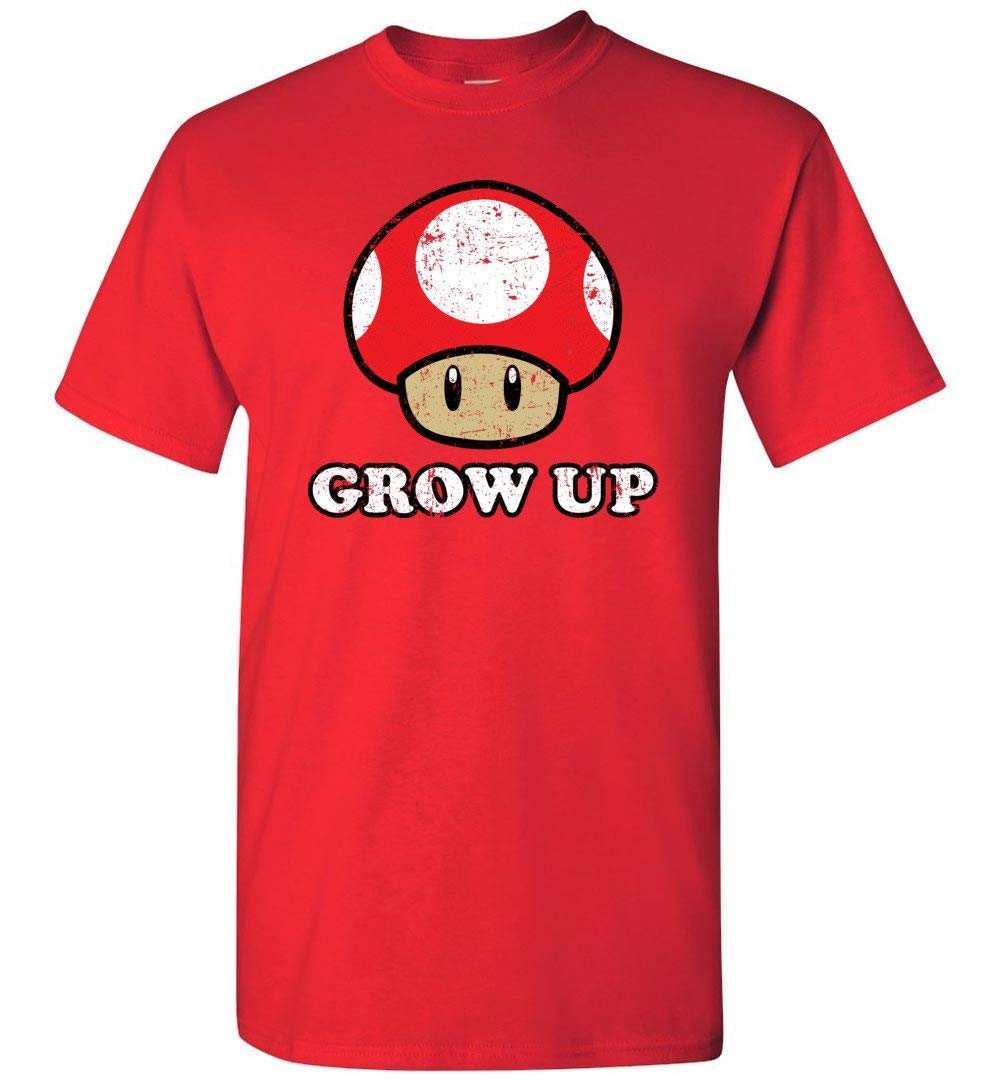 Grow Up Red Mushroom Graphic T-Shirt - Cute Cartoon Print Casual Tee for Men & Women - Perfect for Gaming, Anime Fans & Streetwear Outfits