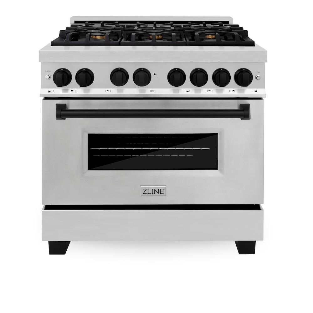 ZLINE Autograph Edition 36-inch Stainless Steel Dual Fuel Range, Range Hood & Dishwasher Kitchen Package with Matte Black Accents (3AKP RARHDWM36 MB) - Perfect for Modern Kitchens, Restaurant-Style Cooking & Luxury Home Upgrades