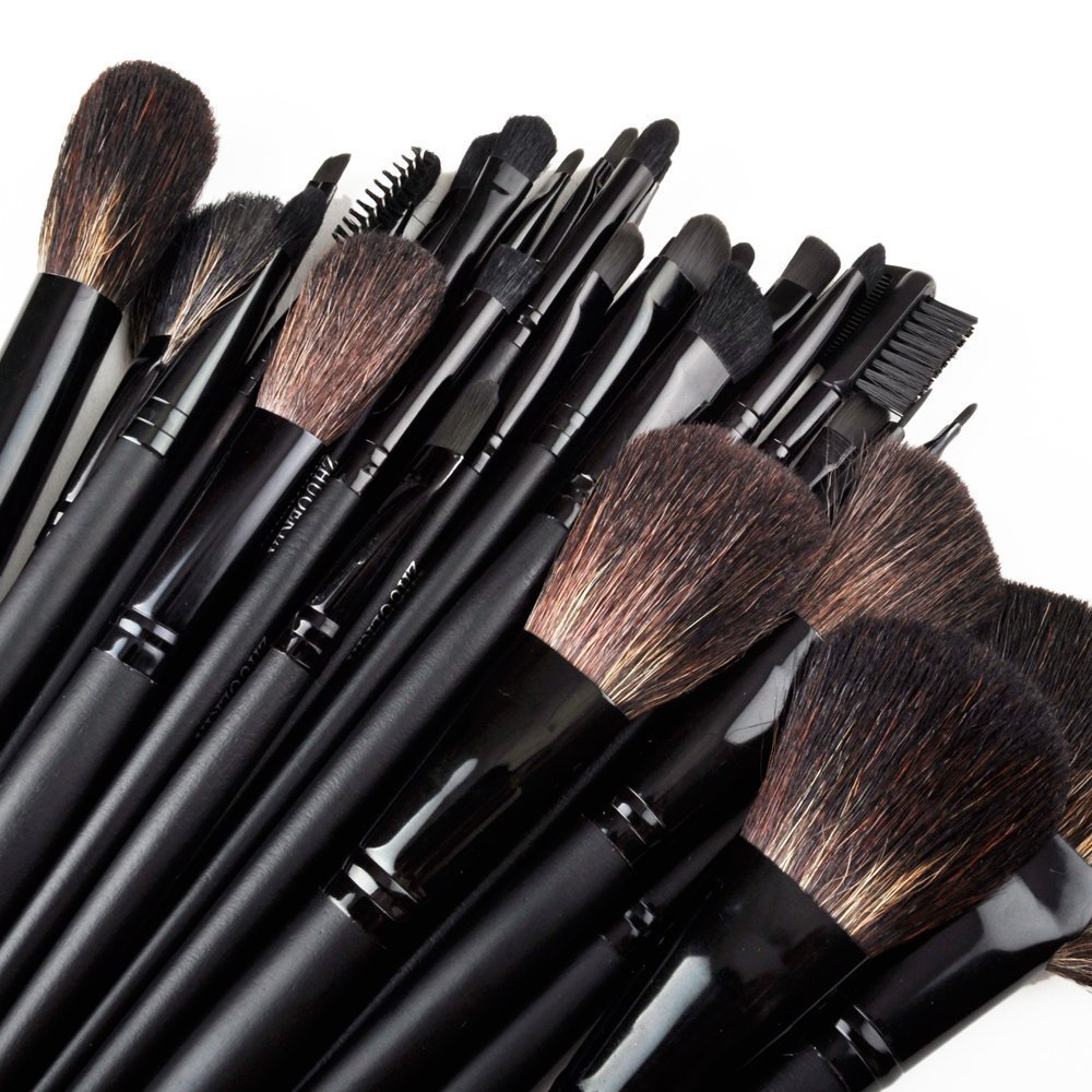 Premium 32-Piece MISS & MAM Makeup Brush Set with Natural/Synthetic Bristles, Leather Pouch, Sponge Puff & Brush Cleaner - Black | Professional Cosmetic Brushes for Foundation, Blush, Eyeshadow & More