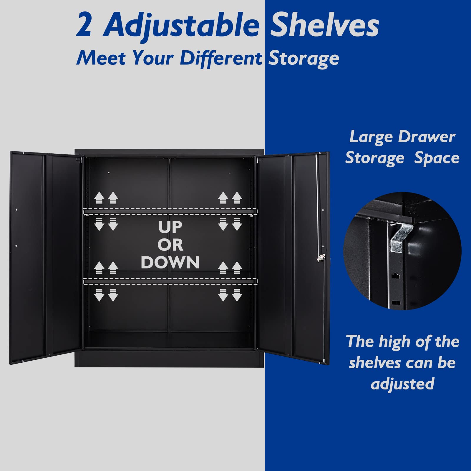 Lockable Metal Storage Cabinet with 2 Adjustable Shelves - Black Steel Office & Tool Cabinet for Home, Garage, Hallway | Secure Storage for Documents, Tools & Supplies