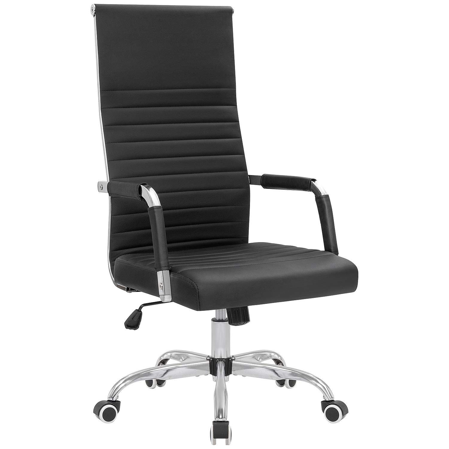 Ergonomic High Back Ribbed Office Chair - Adjustable PU Leather Desk Chair with Armrests, Swivel & Tilt Function for Home Office, Conference Room, Study or Leisure (Black) - Perfect for Long Work Sessions, Gaming & Remote Work