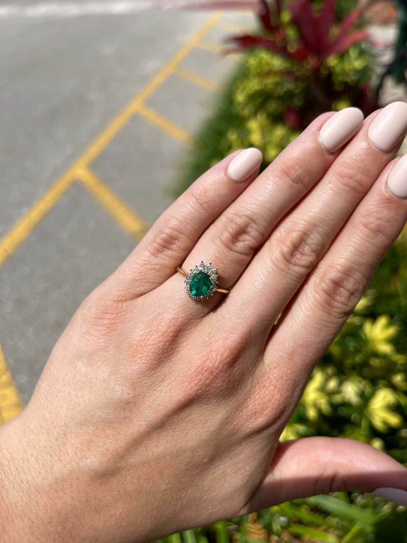 1.75tcw Colombian Emerald & Diamond Halo Oval Cut Engagement Ring in 14K Gold - Perfect for Weddings, Proposals & Bridal Jewelry Collections