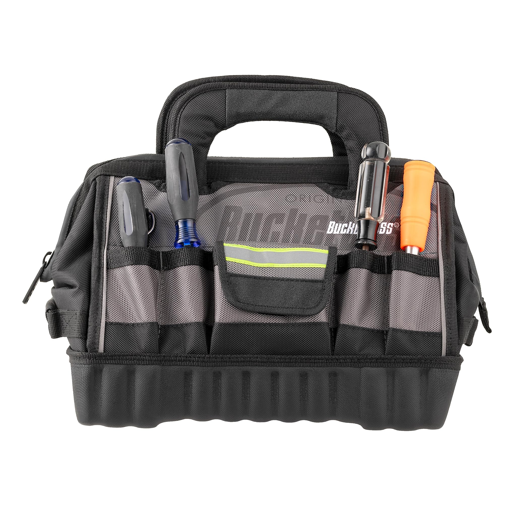 Bucket Boss 14 HV Pro Tool Bag - Professional Series (65114-HV) Grey & Black 14 Inch Heavy Duty Tool Organizer for Electricians, Contractors & DIY Home Improvement Projects