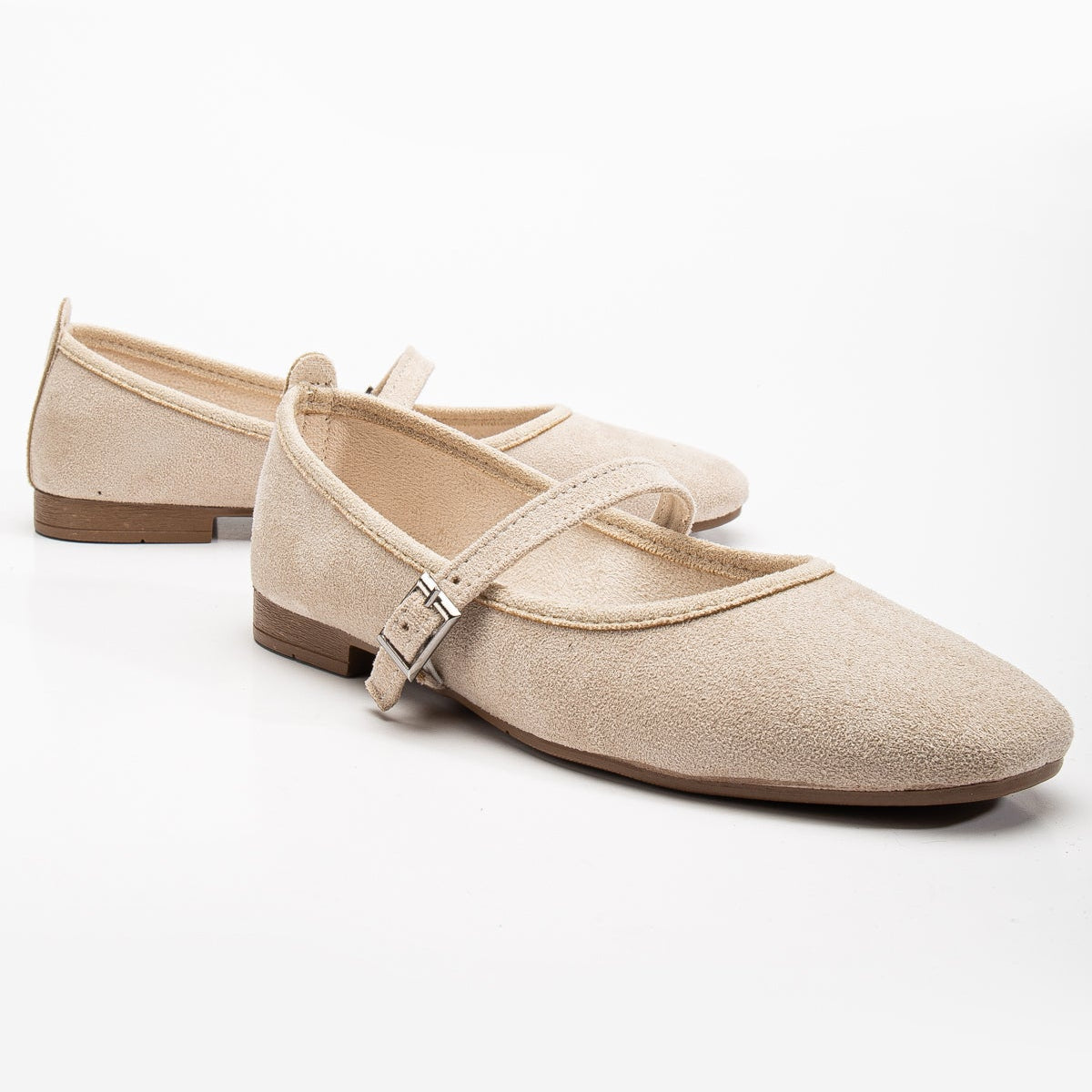 Emilie Women's Beige Suede Mary Jane Flats - Comfortable Casual Shoes for Work, Walking & Everyday Wear