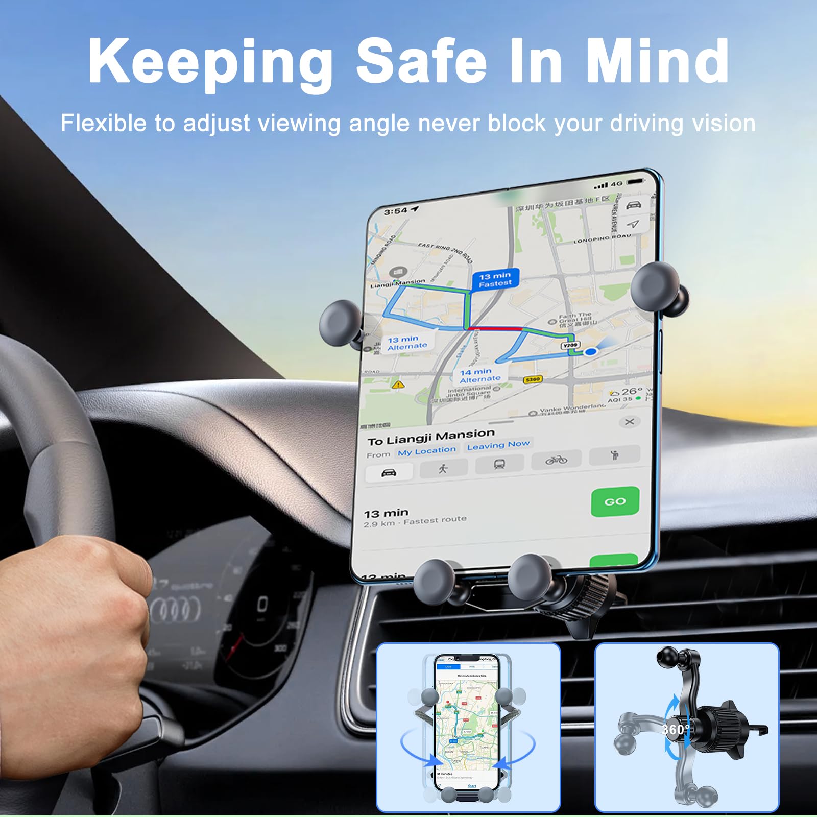 xuenair Z Fold 4 Car Mount with Long Arm - Gravity Phone Holder for Samsung Galaxy Z Fold 5/4/3/2 & S24/S23 Ultra, iPhone 15/14 - Thick Case Friendly - Perfect for Driving, Commuting & GPS Navigation