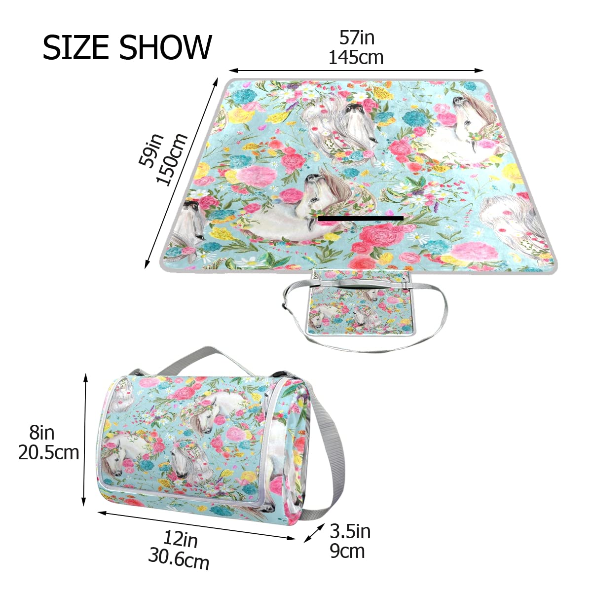 Waterproof Foldable Picnic Blanket - 57x59 Inch Large Outdoor Camping Mat with Shoulder Strap | Horse & Flower Design for Beach, Park, Travel & Picnics | Durable Portable Blanket for Family Outings, Hiking & Outdoor Activities