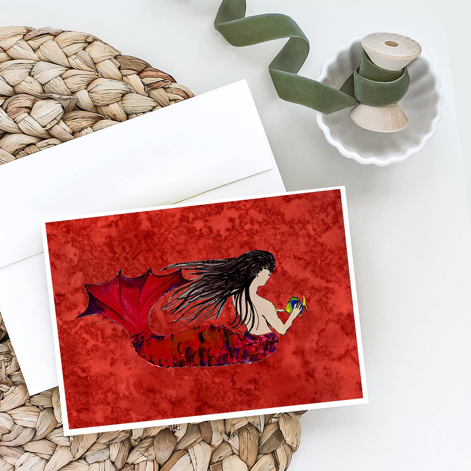 Black Haired Mermaid on Red Greeting Cards - Pack of 8 Blank A7 Note Cards with Envelopes (5x7 Inches) | Whimsical Mermaid Stationery for Birthday, Thank You & Holiday Cards