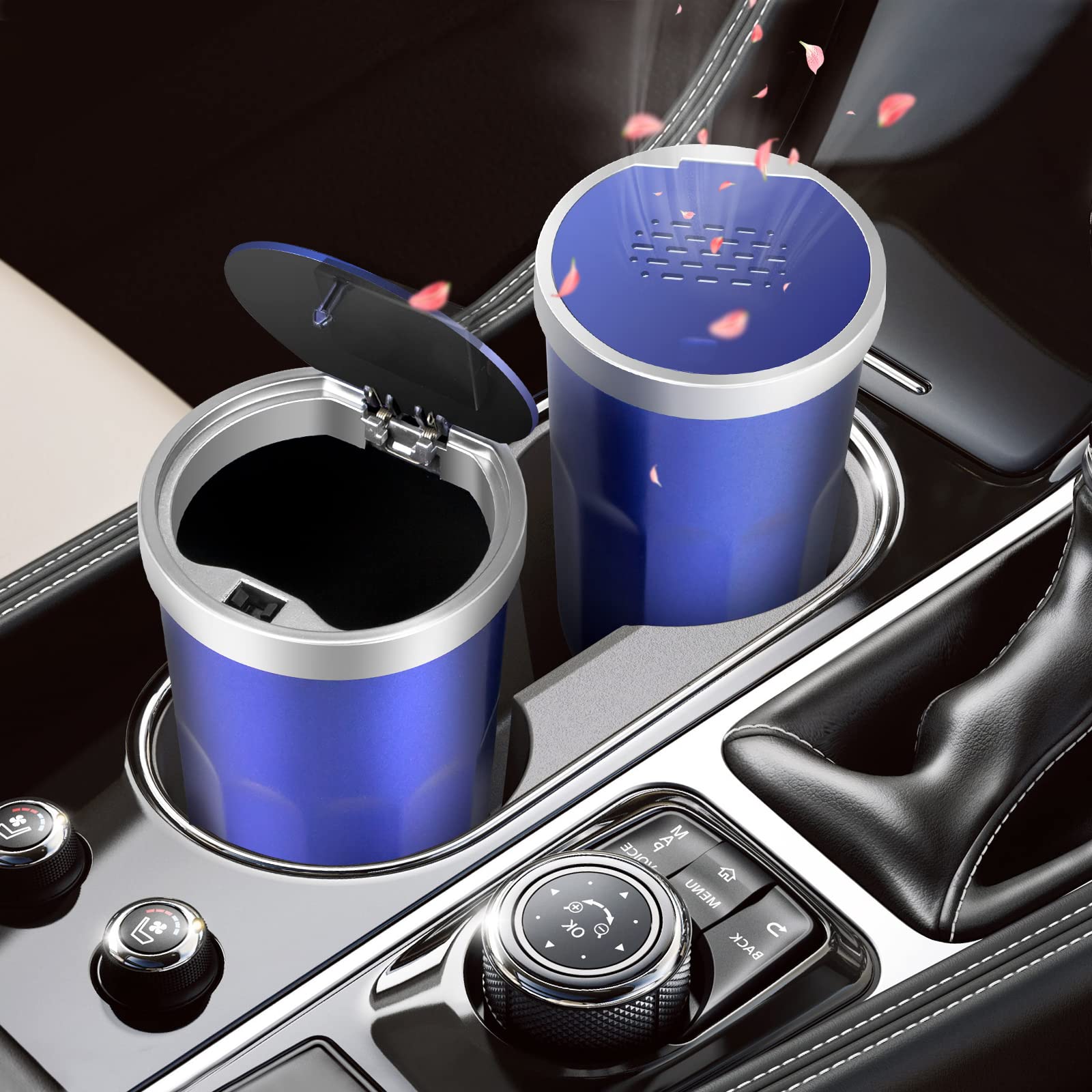 2 Pack Mini Car Trash Can with Press-to-Open Design & 3 Aromatherapy Tablets - Cup Holder Garbage Bin for Car, Office, Home & Kitchen (Blue) | Perfect for Road Trips, Daily Commute & Workspace Organization