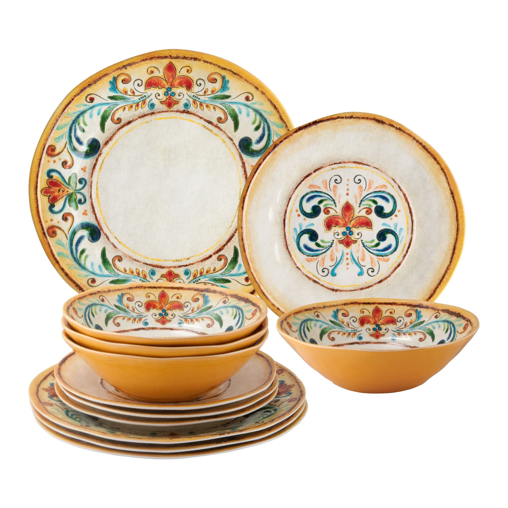 UPware 12-Piece Melamine Dinnerware Set - Durable & Lightweight Dinner Plates, Salad Plates & Bowls for 4 People, Shatterproof & BPA-Free (Tuscany Design) - Perfect for Outdoor Dining, Picnics, Camping & Everyday Use