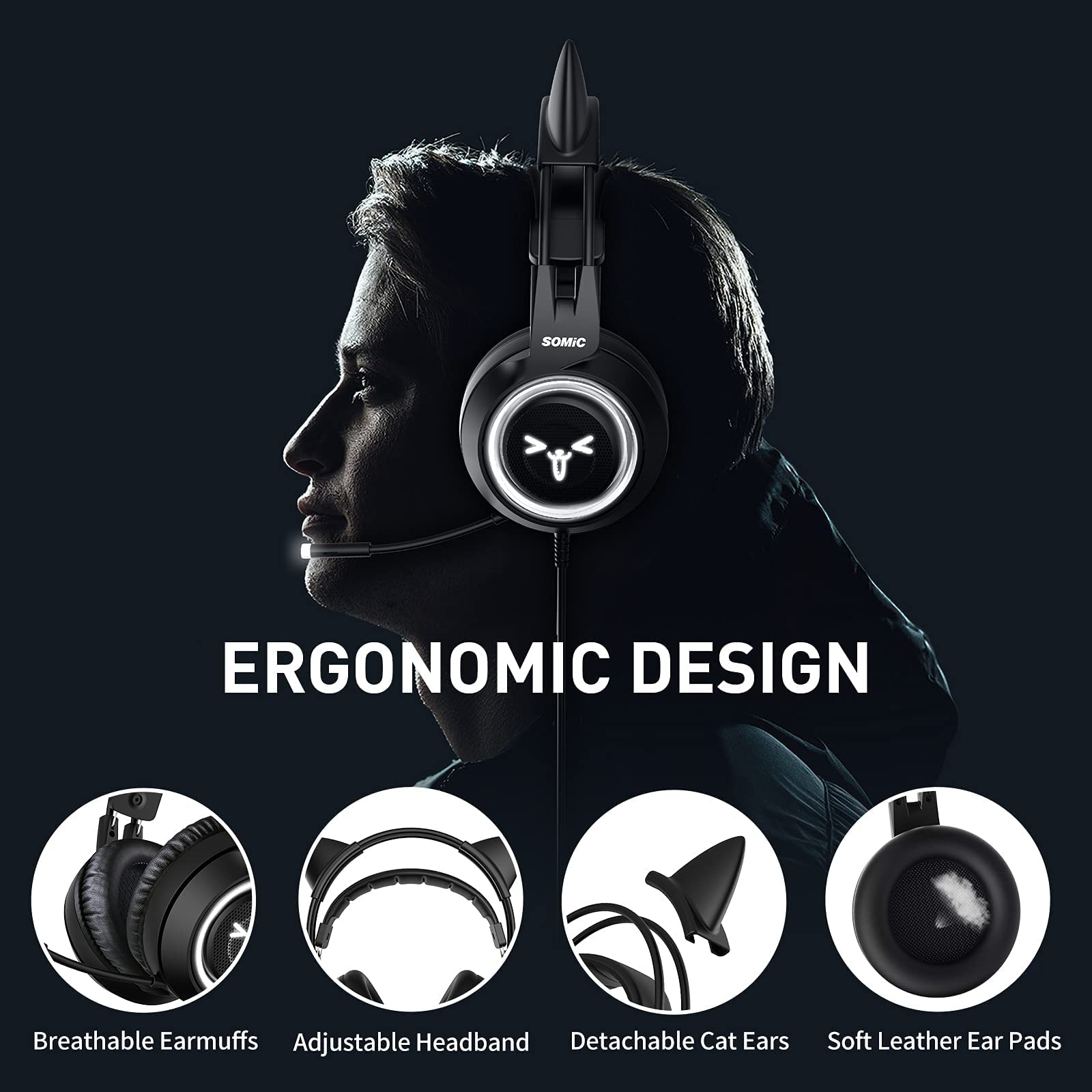 SOMIC G951 Black Cat Ear Gaming Headset with 7.1 Virtual Surround Sound, LED Lights & Headphone Stand - Lightweight PC, PS4, Laptop Headphones for Women & Girls - Perfect for Gaming, Streaming & Online Classes