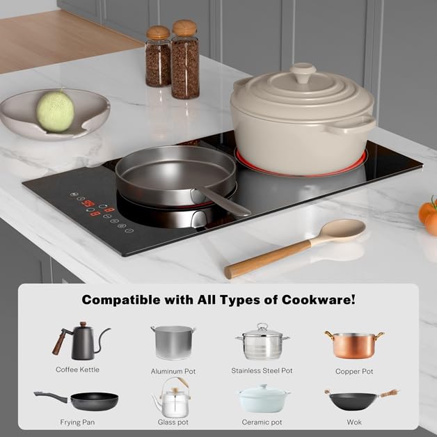 Empava 2 Burners Electric Cooktop 12 Inch - 3000W Radiant Stove with Child Safety Lock, Timer & Overheat Protection - Compatible with All Cookware - 220-240V Hardwired (No Plug) - ETL Certified Black - Perfect for Home Kitchen, RV, Apartment & Small Spaces