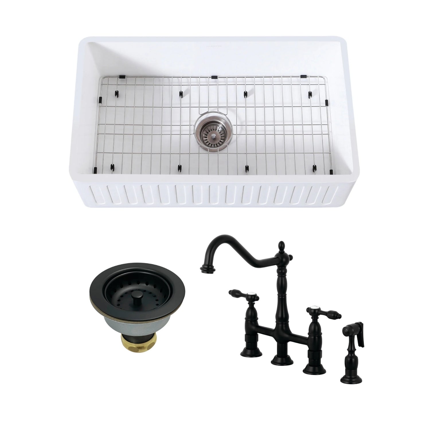 Arcticstone 30 Inch White Stone Single Bowl Farmhouse Kitchen Sink with Deck Mount Bridge Faucet, Brass Side Sprayer & Basket Strainer - Matte Black Finish for Modern Farmhouse & Rustic Kitchen Designs