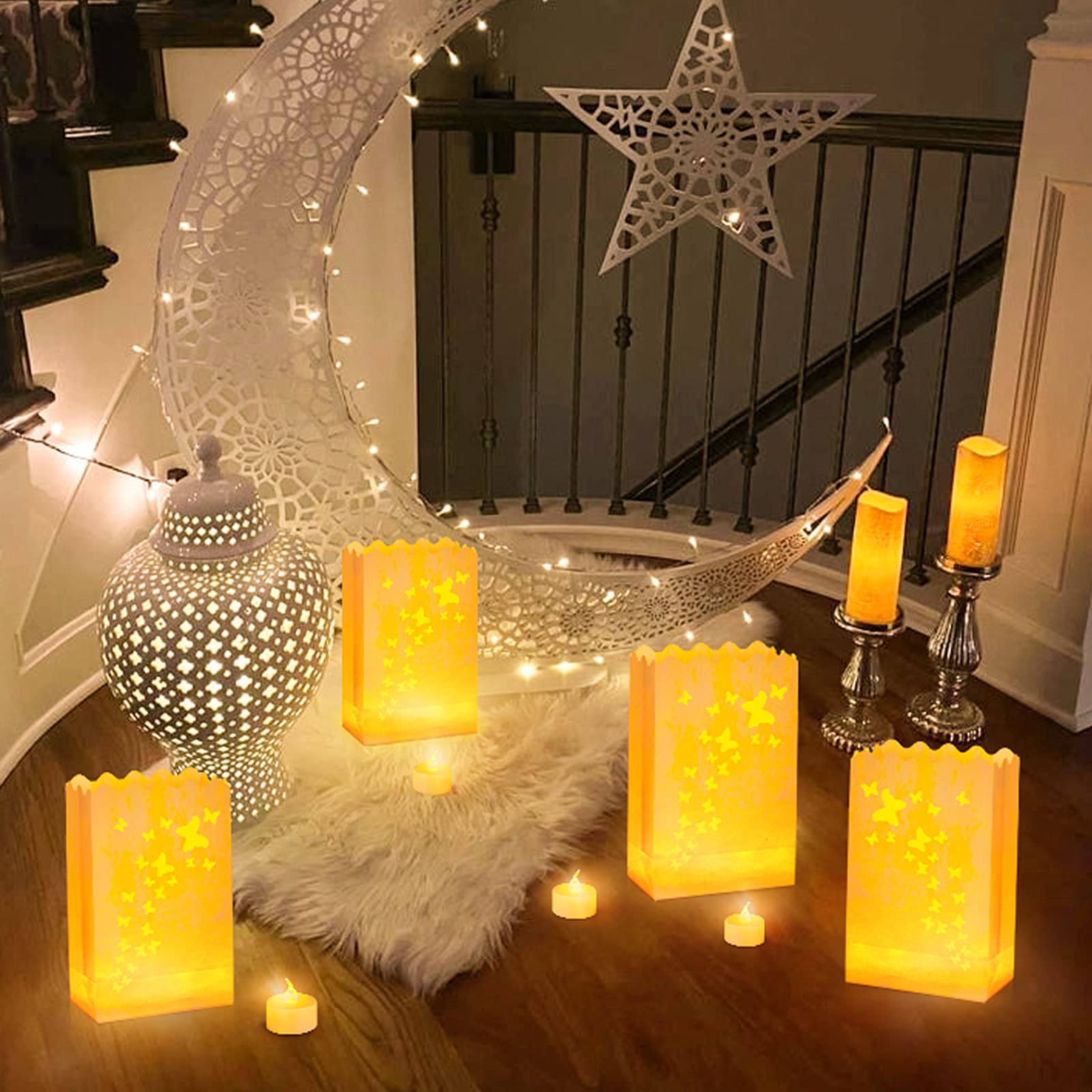 50 PCS White Butterfly Luminary Bags with 50 PCS Flameless LED Tea Lights - Battery Operated Candles for Christmas, Thanksgiving, Weddings & Outdoor Decorations - Elegant Holiday Party, Garden, Pathway Lighting Solution