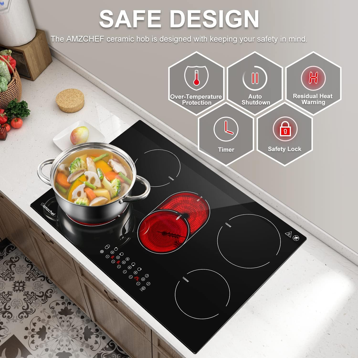 AMZCHEF 30 Inch 8500W 5-Burner Electric Stove Cooktop - Drop-in Ceramic Glass Cooktop with Child Lock & Timer, 220-240V Hardwired - Perfect for Home Kitchen, Restaurant & Commercial Cooking