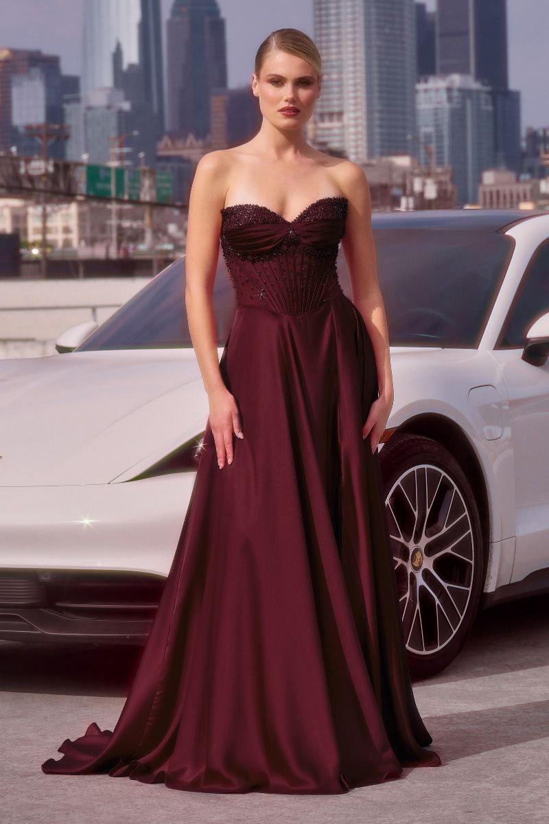 Strapless Beaded Satin A-Line Dress - Elegant Melanie Gown for Prom, Wedding & Evening Events