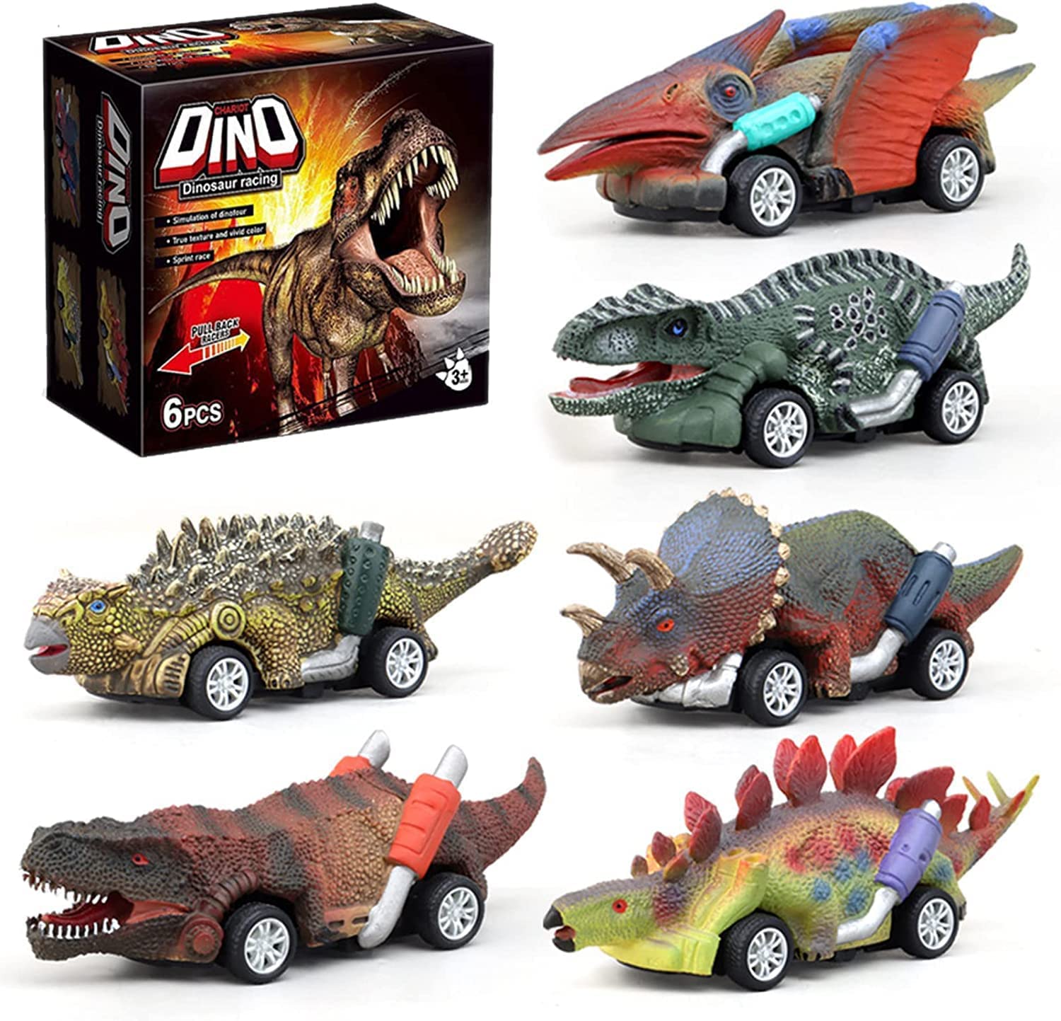 6-Piece Dinosaur Pull Back Toy Cars for Kids - Dino Race Car Set for Boys & Girls Ages 1-6 - Best Birthday Gift for Toddlers & Preschoolers - Perfect for Indoor Play, Party Favors & Learning Imaginative Play