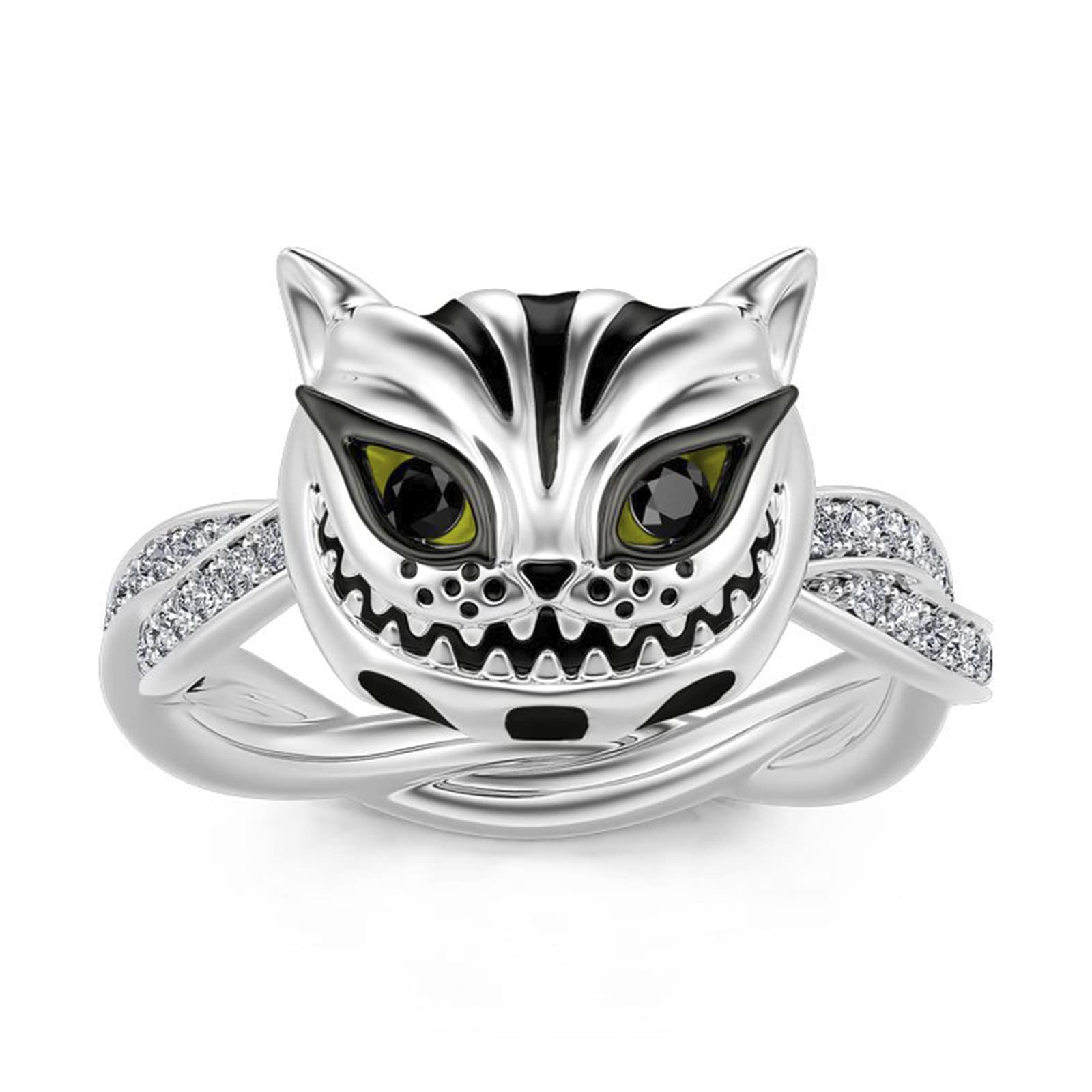 Jeulia Sterling Silver Cheshire Cat Rings for Women - Enamel Handmade Diamond Rings with White & Black Cubic Zirconia - Elegant Bridal Set for Wedding, Anniversary, Engagement & Promise - Perfect Gift with Jewelry Box (Ideal for Alice in Wonderland Themed Parties, Cosplay & Unique Fashion Statements)