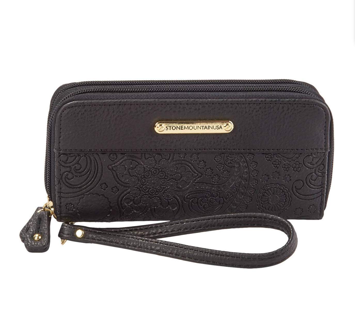 Black Embossed Paisley Wristlet Wallet & Checkbook Insert - Slim Leather Organizer for Women | Perfect for Everyday Use, Travel, and Business