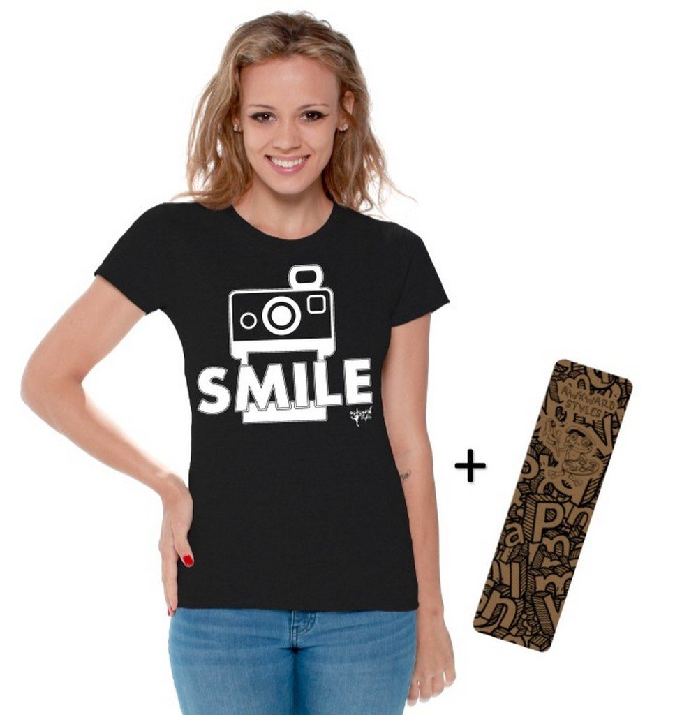 Awkwardstyles Women's Funny Smile Print T-Shirt - White Graphic Tee with Free Bookmark - Perfect for Casual Wear, Photoshoots & Gifts