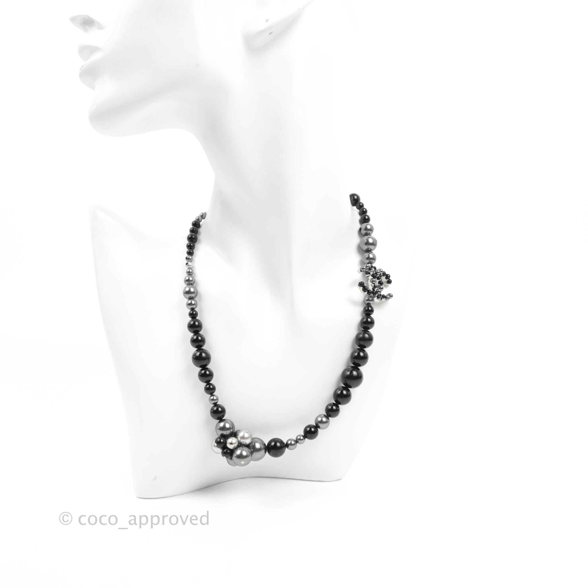 Chanel CC Resin Black Bead Necklace with Silver Tone 14P - Elegant Fashion Jewelry for Women, Perfect for Parties, Weddings & Special Occasions