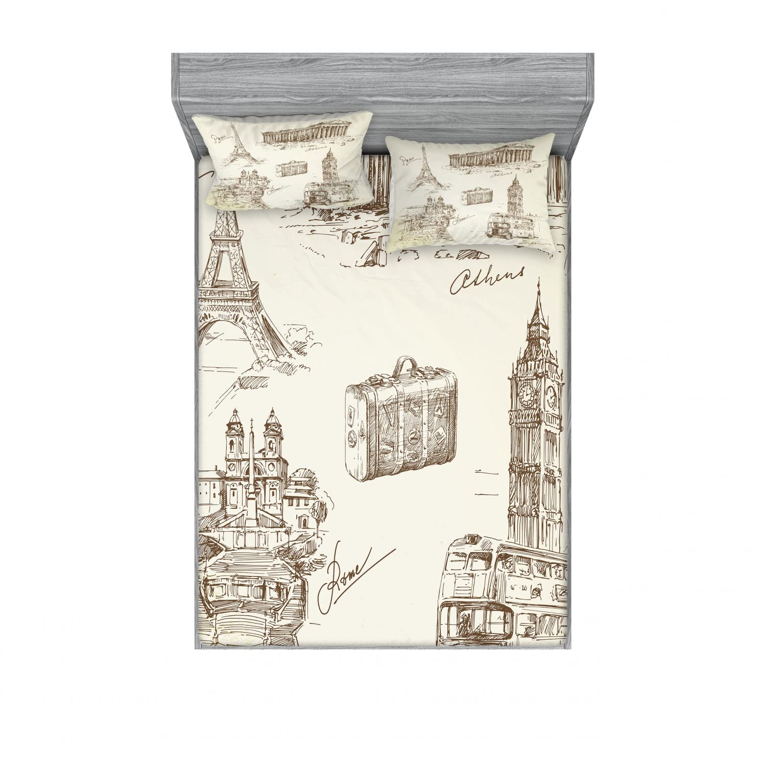 Ambesonne 2-Pack Queen Size Fitted Sheet Set with 4 Pillow Shams - Hand Drawn Travel Over Europe Design in Brown Cream - 4 Piece Luxury Bedding Set for Home Decor, Guest Room & Vacation Rental