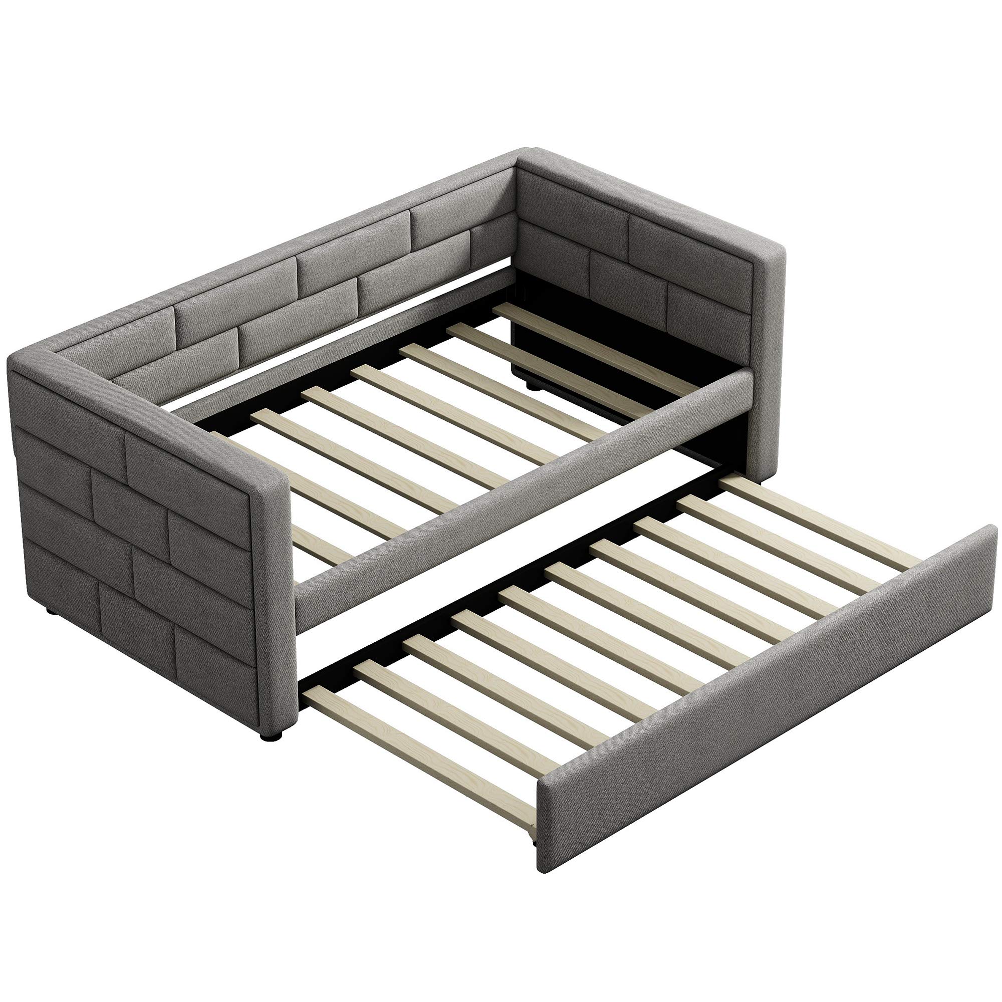 Merax Twin Size Upholstered Daybed with Trundle - Wooden Sofa Bed with Padded Back for Living Room & Bedroom - Wood Slat Support (No Box Spring Needed) - Perfect for Guest Rooms, Small Spaces & Multi-Functional Furniture Needs
