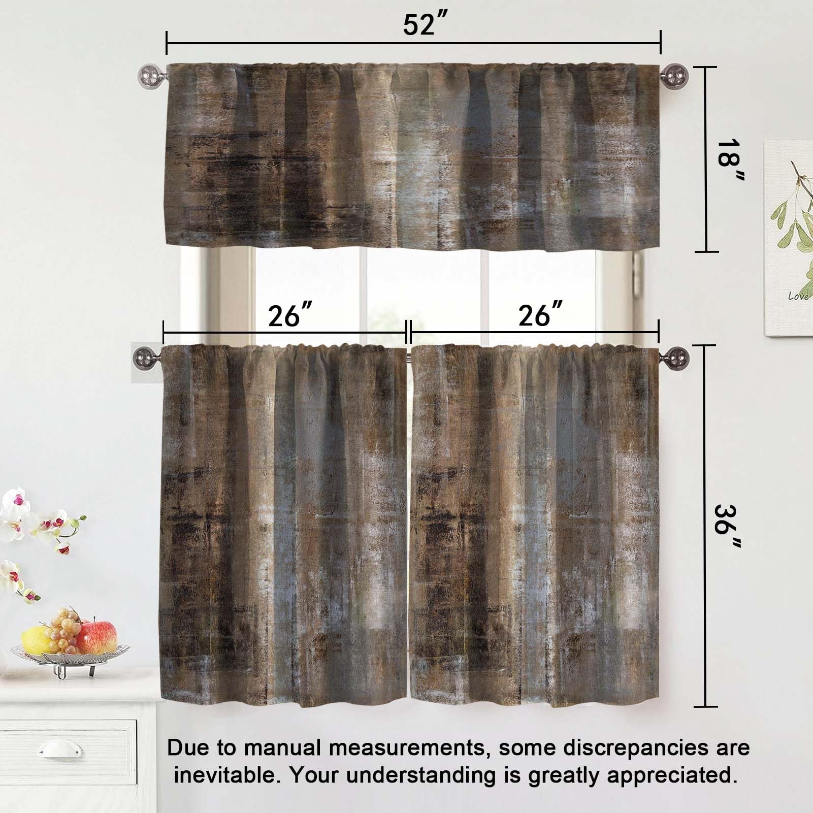 MCALK 3-Piece Brown Kitchen Curtain Set with Grey Abstract Valances - 36