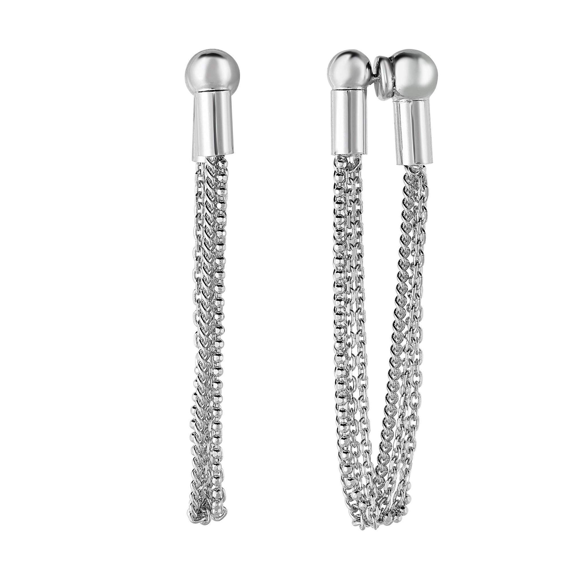 Rhodium Plated Silver 5x52mm Shiny Bead & Link Drop Earrings with Push Back Clasp - Elegant Dangle Earrings for Women, Perfect for Parties, Weddings & Evening Events