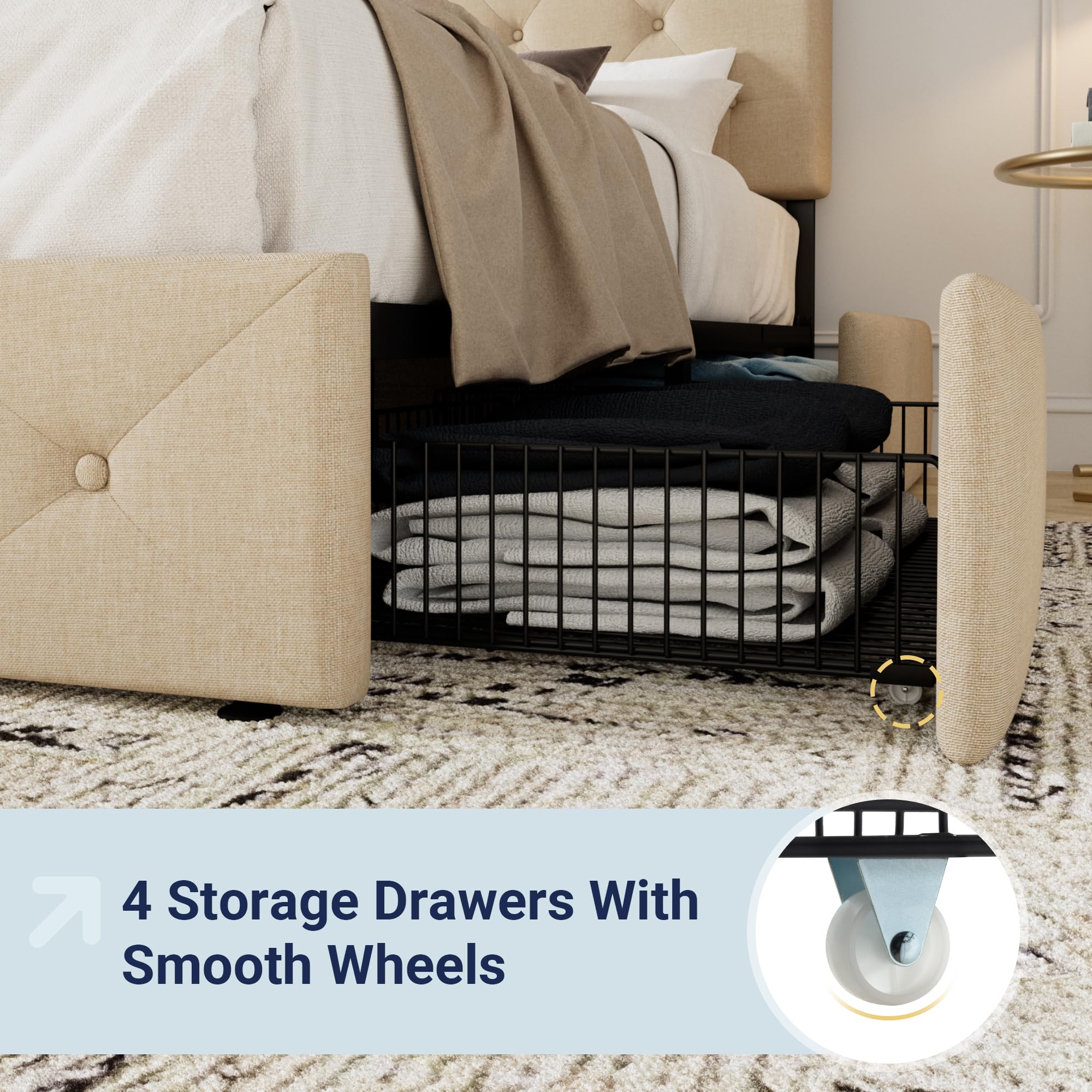 Allewie Upholstered Full Size Platform Bed Frame with 4 Storage Drawers & Headboard - Diamond Stitched Button Tufted Design, Wooden Slats Support, No Box Spring Needed - Beige Bedroom Furniture for Small Spaces & Guest Rooms