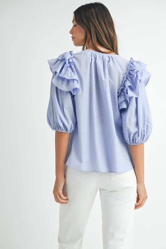 Elegant Ruffle Shoulder Puff Sleeve Resort Blouse for Women - Summer Vacation Beachwear & Boho Chic Outfit