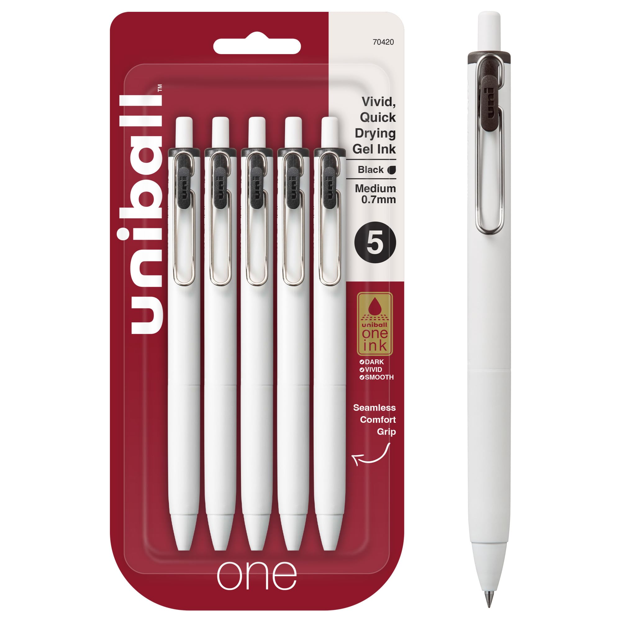 Uniball One Gel Pen 5 Pack - 0.7mm Medium Black Gel Ink Pens for Smooth Writing | Office & School Supplies, Note Taking, Journaling, Drawing | Ballpoint, Fine Point, Colored Pens Alternative