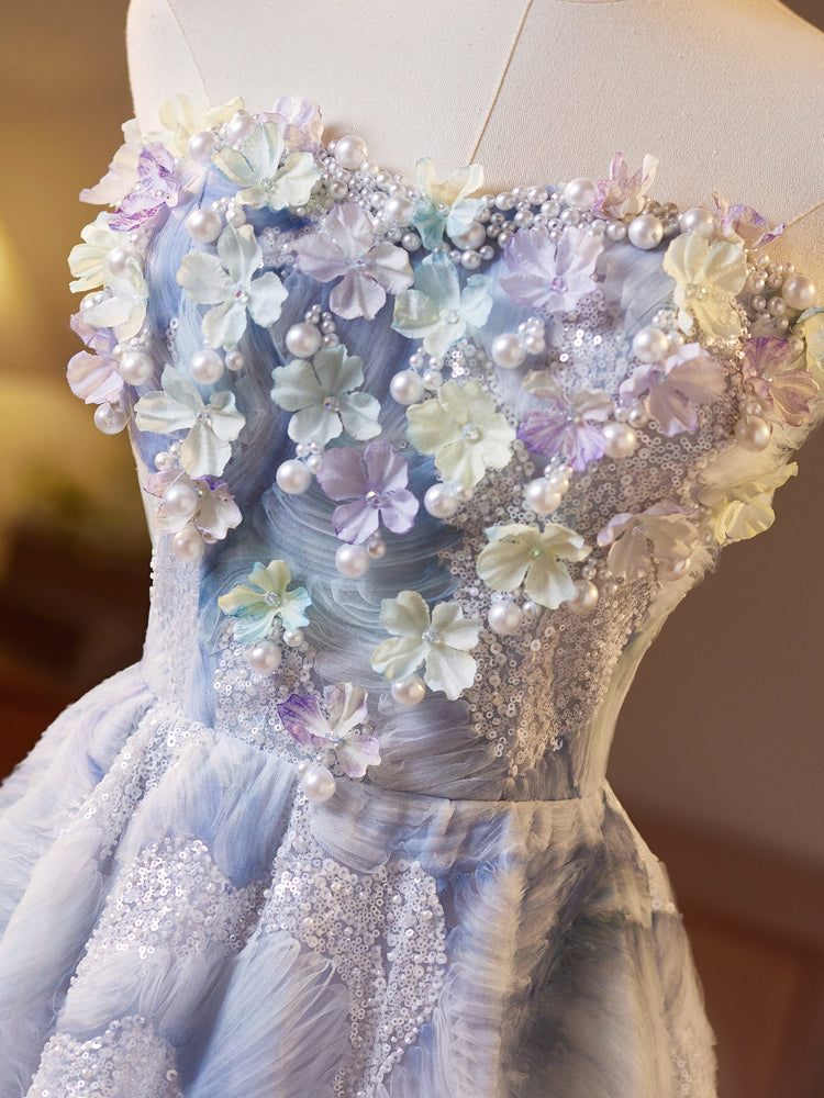 Elegant Blue A-Line Sweetheart Neckline Floral Long Prom Dress for Evening Gala, Homecoming, and Formal Events