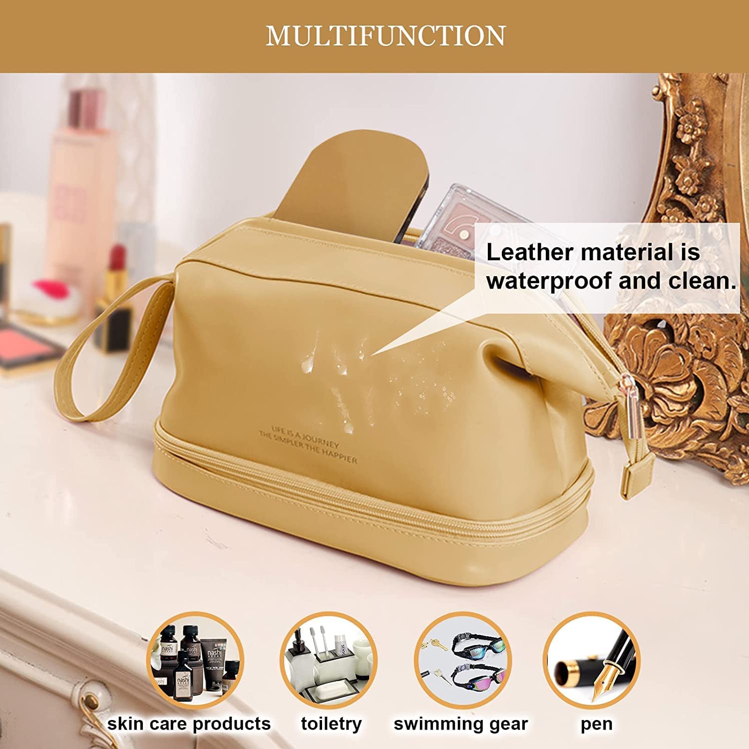 BUYORY Leather Makeup Organizer for Women & Girls - 13cm Travel Cosmetic Bag with Large Zipper | Portable Leather Toiletry Case for Travel, Home, and Daily Use (Yellow)