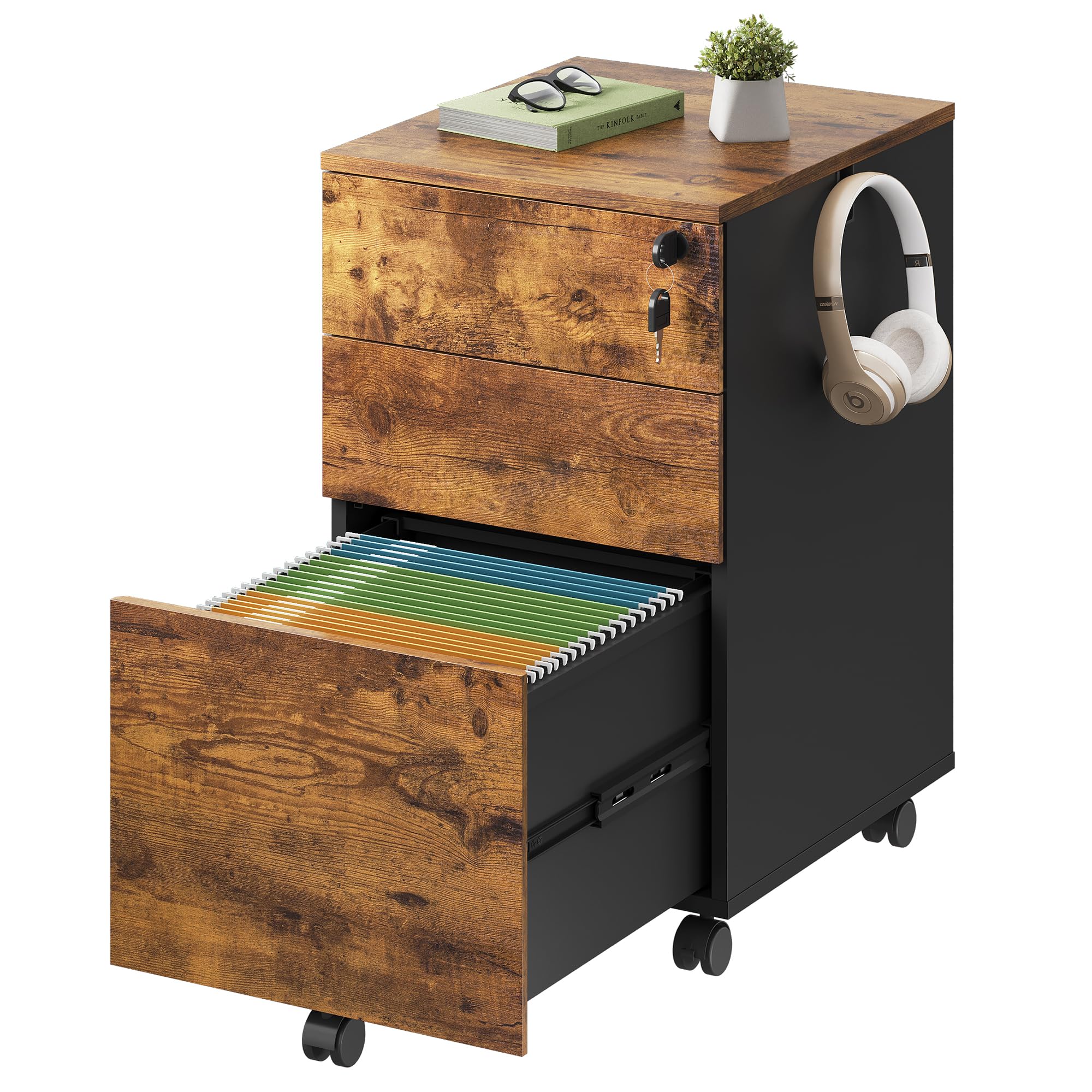 DEVAISE 3-Drawer Rolling File Cabinet with Lock - Wooden Under Desk Storage Organizer for Letter/Legal/A4 Documents - Rustic Brown Home Office Furniture for Small Spaces & Workspaces