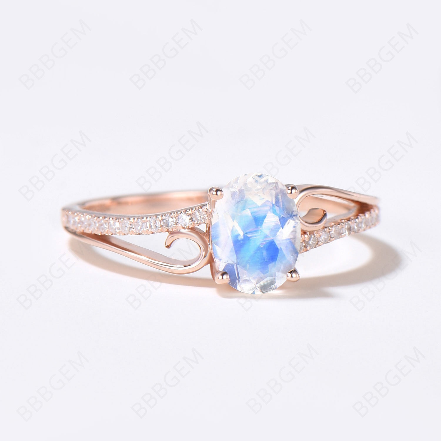 Art Deco Moonstone Engagement Ring - Curved Wedding Band in Rose Gold with Split Shank Design | Perfect for Vintage-Inspired Proposals & Anniversary Gifts