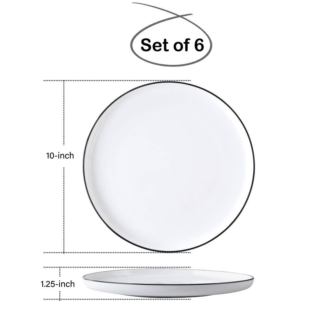 BonNoces 10 Inch Porcelain Dinner Plates Set of 6 - Elegant White with Black Edges Design, Classic Round Serving Plates for Steak, Pasta & Salad - Perfect for Fine Dining, Dinner Parties & Restaurant Use