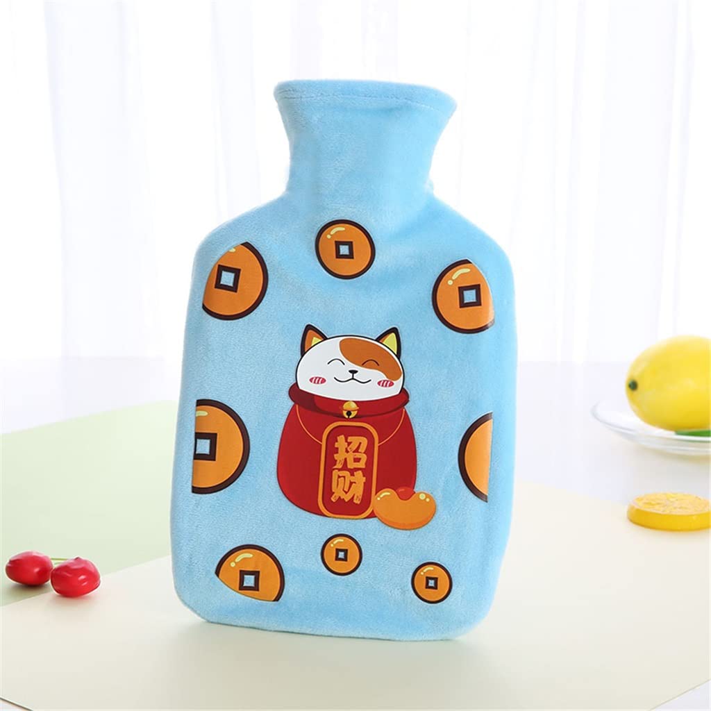 WALNUTA 1000ml Rubber Hot Water Bottle with Cartoon Short Plush Cover - Hand Warmer for Winter, Pain Relief, and Comfort (Blue) - Perfect for Cold Nights, Menstrual Cramps, and Outdoor Activities
