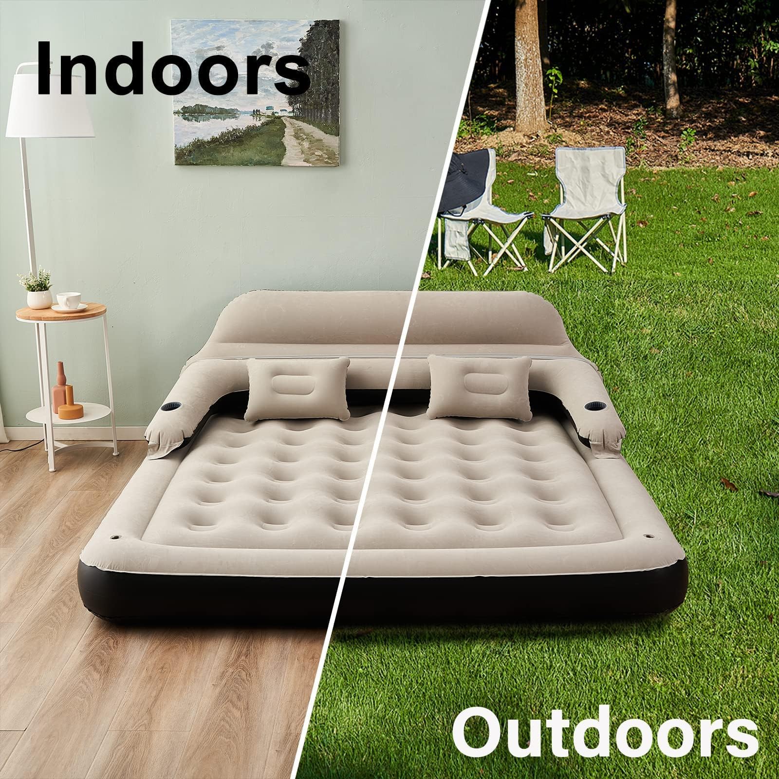 **RAPTAVIS King Size Air Mattress Sofa Bed with Built-in Headboard & Pillow - Inflatable Guest Bed for Home, Camping, Travel - Comfortable Portable Blow Up Mattress for Indoor & Outdoor Use**