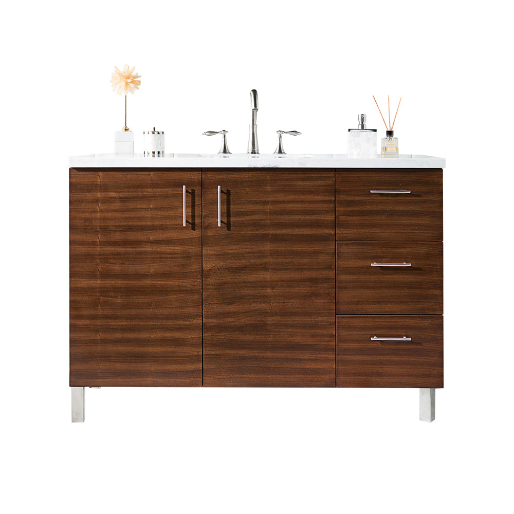 Metropolitan 48 Inch Single Bathroom Vanity with American Walnut Finish & 3CM Eternal Jasmine Pearl Quartz Countertop - Perfect for Modern Master Bathrooms and Powder Rooms