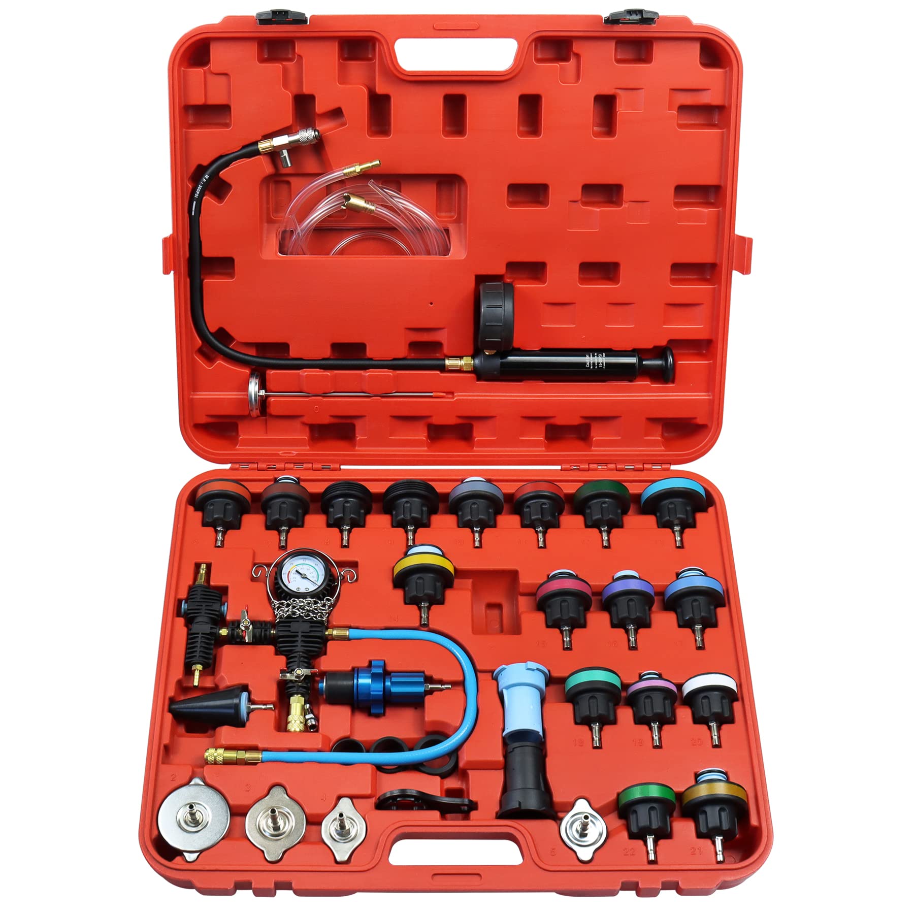 JoyFans 33Pcs Automotive Radiator Pressure Tester Kit - Cooling System Pneumatic Vacuum Tool with Pressure Gauge & Universal Adapters for Most Cars & Trucks | Professional Coolant Refill & Leak Detection | Perfect for DIY Mechanics & Auto Repair Shops