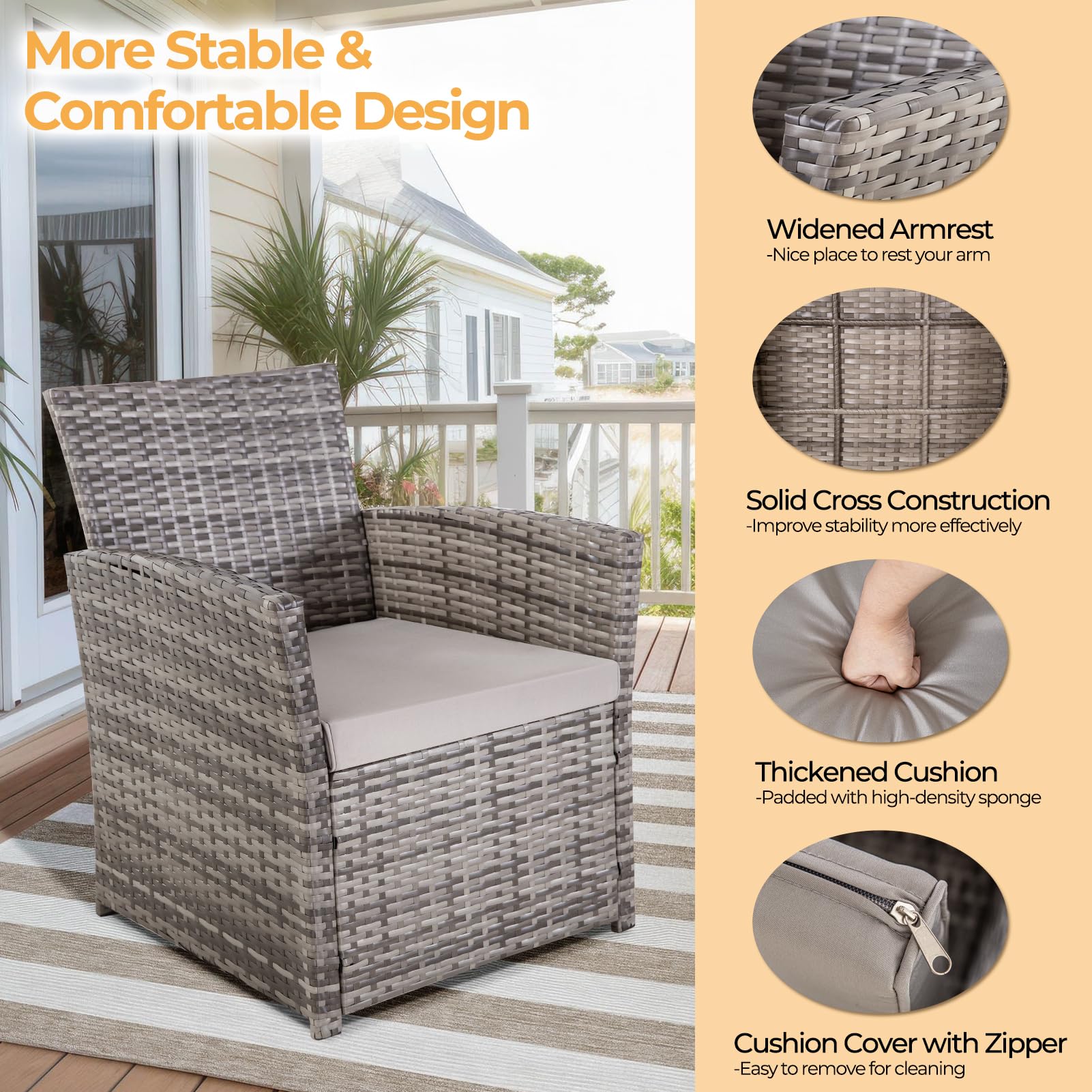 4-Piece Outdoor Patio Furniture Set - All-Weather Wicker Sectional Sofa with Rattan Coffee Table, Chairs & Loveseat - Gray Cushioned Seating for Balcony, Porch, Backyard & Garden Relaxation