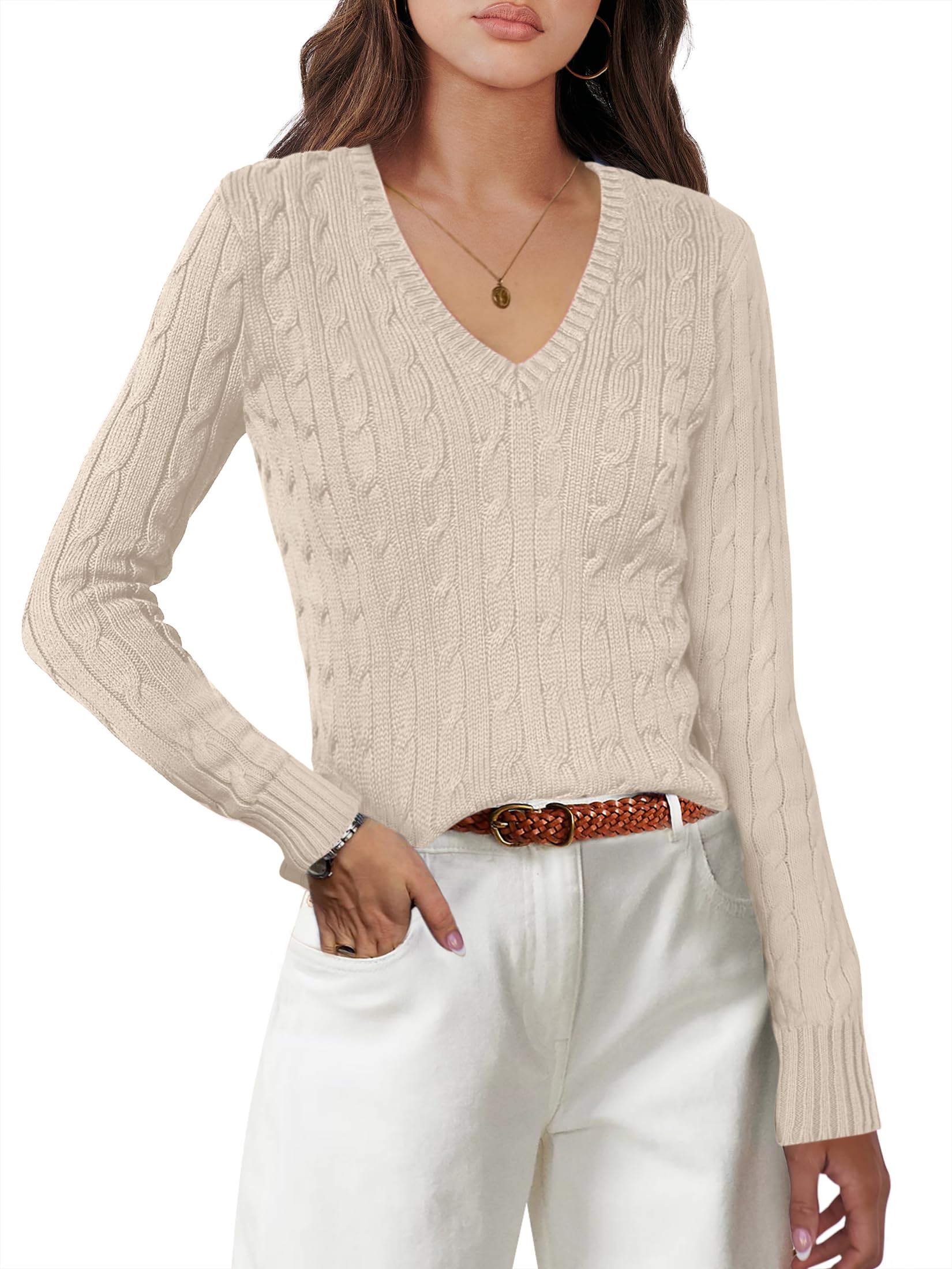 ANRABESS Women's Long Sleeve V Neck Cable Knit Sweater - Soft Pullover Top for Spring 2025 - Cute & Dressy Casual Outfit for Work, Date Night & Weekend Wear