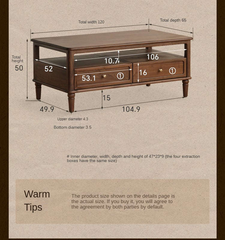 Solid Black Walnut Wood American Retro Coffee Table - Mid-Century Modern Style for Living Room, Lounge & Office Decor