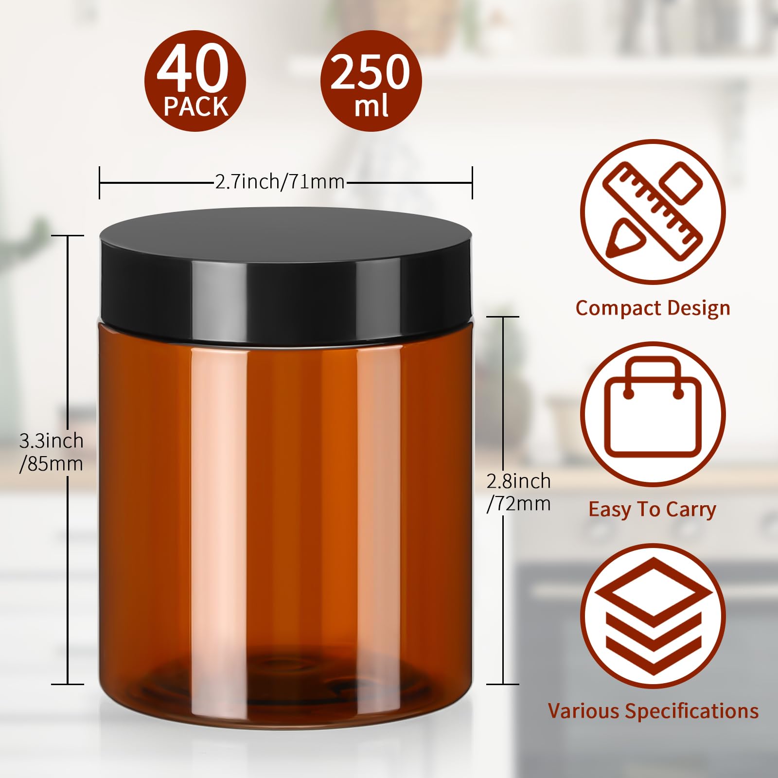Tanlade 40-Pack 8 oz Amber Plastic Jars with Airtight Lids - Round Refillable Cosmetic Containers for Powder, Liquid, Food Storage | Perfect for DIY Beauty, Spice Organization, Essential Oils & Kitchen Pantry
