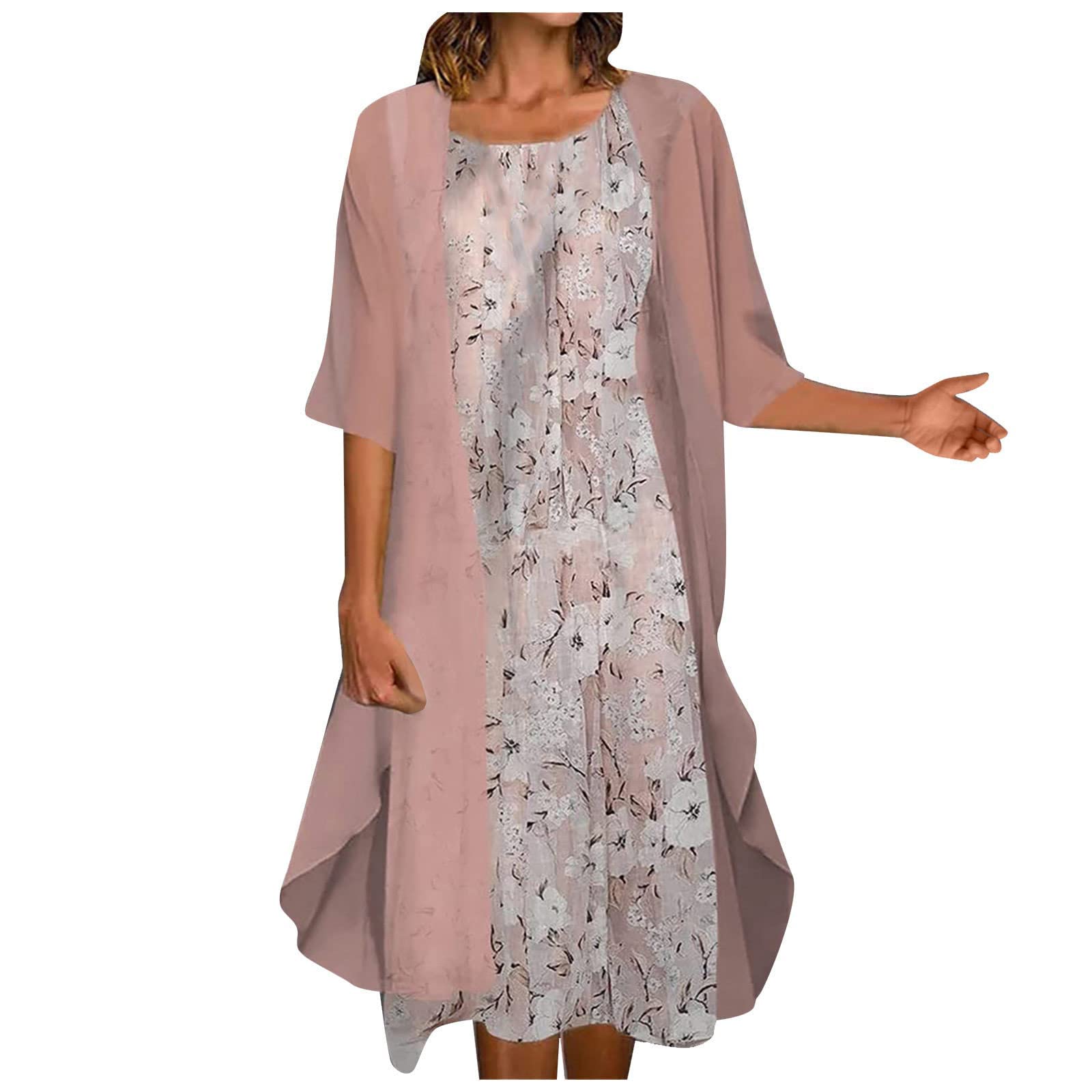Women's Summer Dresses Flowy Floral Print 2-Piece Set - Chiffon Plus Size Crewneck Sleeveless Dress for Wedding Guest, Beach Vacation & Casual Outings