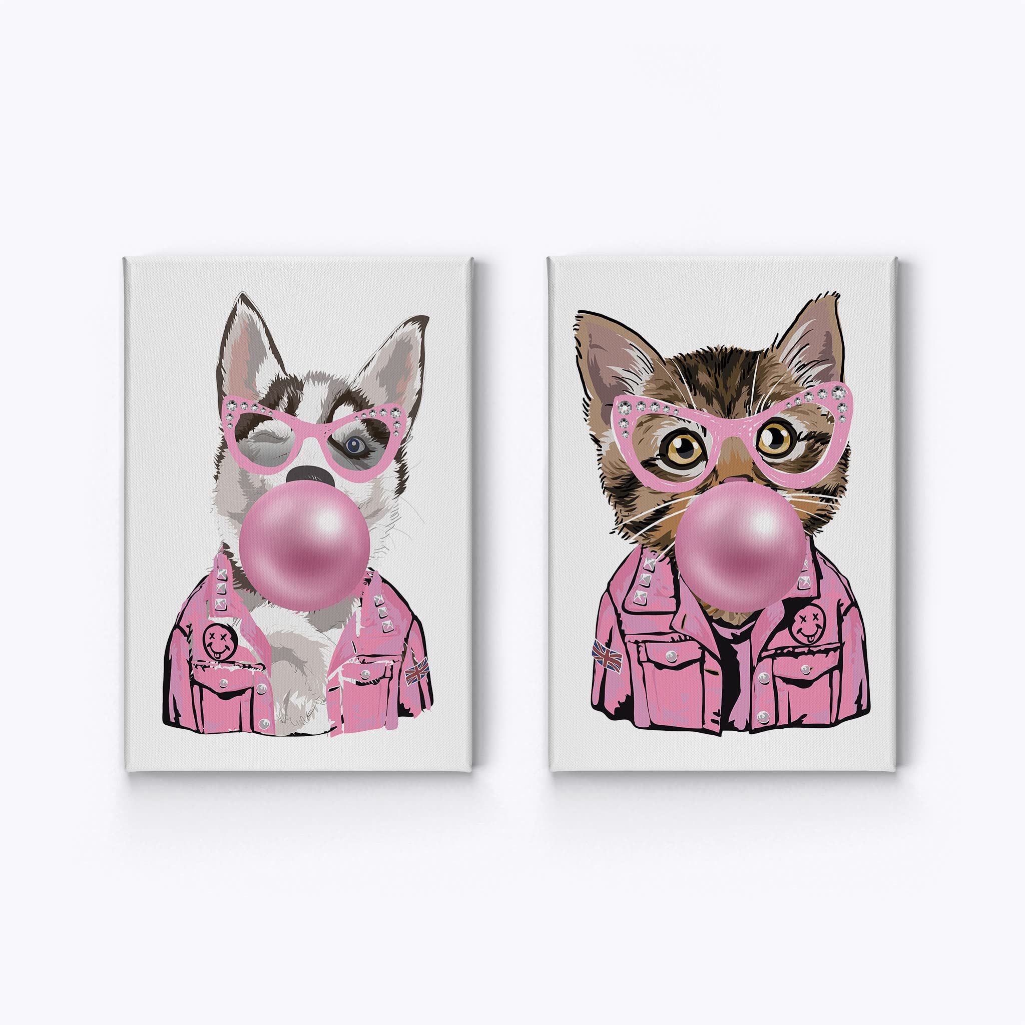 Smile Art Design Husky Dog and Cat Chewing Pink Bubble Gum - 2 Piece Canvas Wall Art Print Set (40x30 Inches) - Animal Pop Art for Living Room, Bedroom, Nursery & Kids Room Decor - Perfect for Pet Lovers & Modern Home Styling